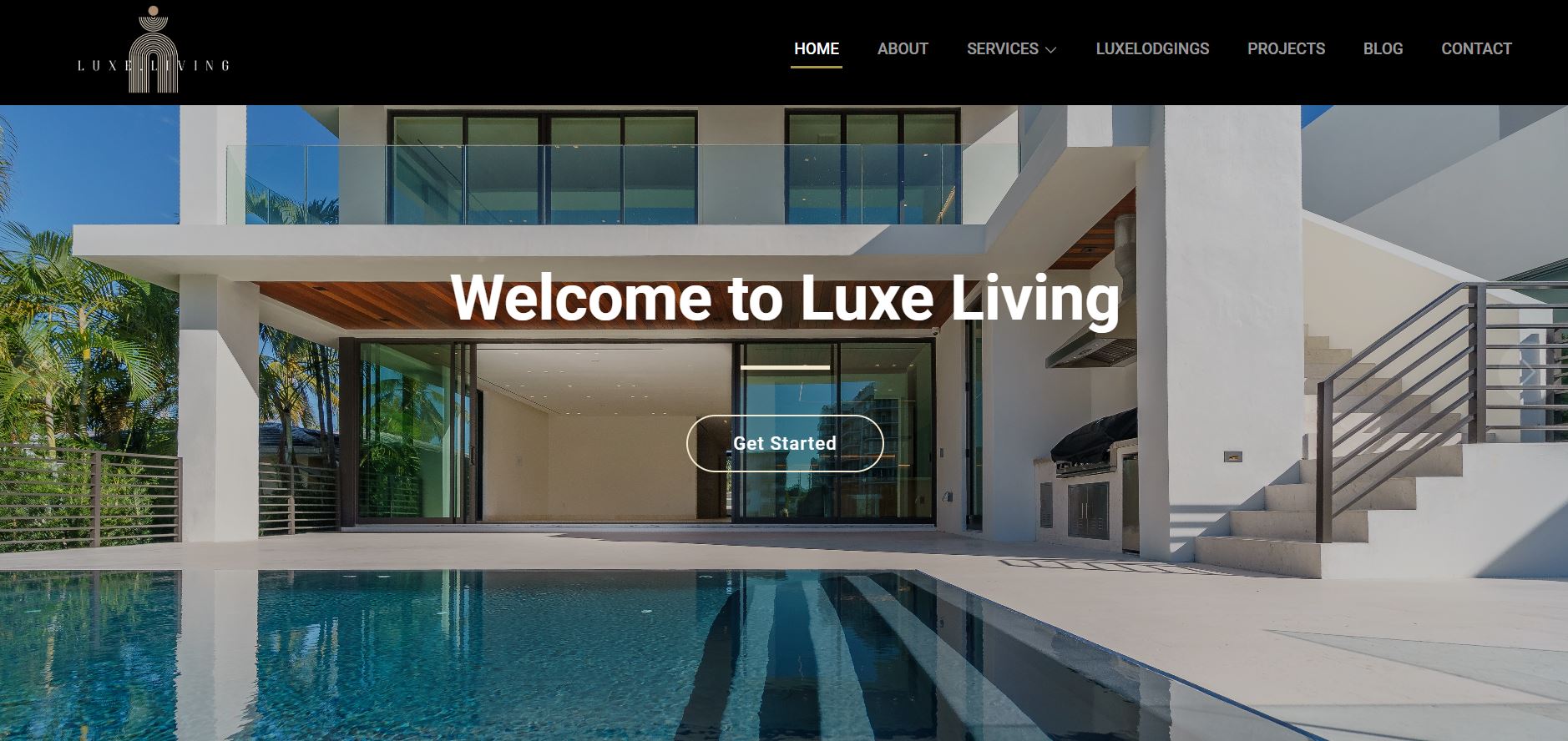 Web application design of a building makeover company displaying a residential building with a pool.
